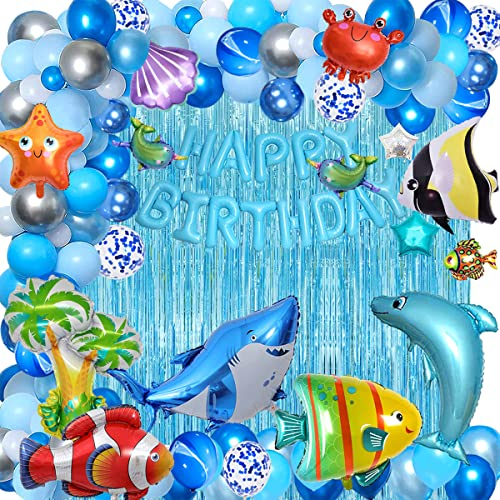 YinQin 176 Stück Blaue Ozean-Geburtstags-Luftballons mit Luftpumpe, Unterwasserwelt-Thema Geburtstagsluftballons, Hai-Geburtstagsluftballons, Blau Luftballon-Dekorationszubehör für Kindergeburtstage