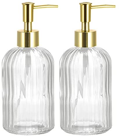 sourcing map Soap Dispensers Set - 2 Pack 13.5Oz Glass Dish Hand Soap Dispenser with Golden Pump for Kitchen Bathroom, Clear