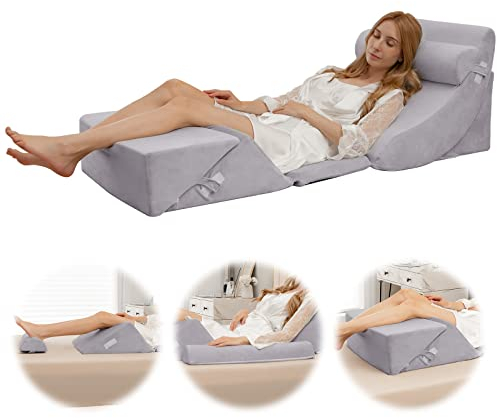 GOPLUS 6-teiliges orthopädische Kissen-Set, Memory-Schaum-Keilkissen mit Abnehmbarer Kopfstütze, bequemes und verstellbares Lesekissen, Bettkeilkissen, Rückenstützkissen zum Schlafen Lesen