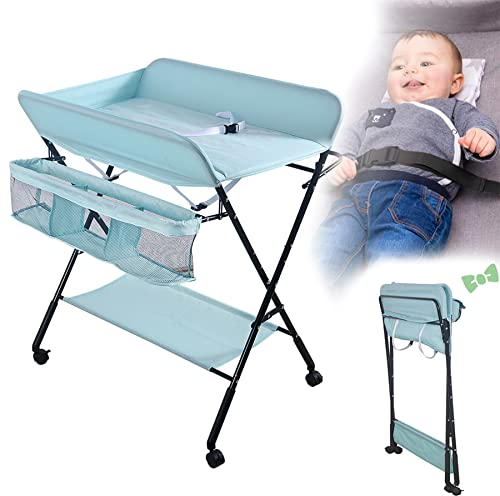 Wickeltisch, zusammenklappbar, mit Aufbewahrungskorb, Struktur aus Eisen, max. Belastung 25 kg, für Neugeborene, ergonomisches Design, Wickeltisch, faltbar und tragbar (80 x 66 x 98 cm, blau)