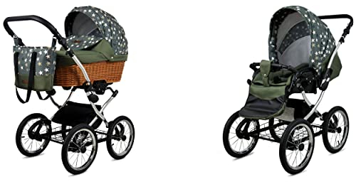 BabyLux ALU 2in1 Kinderwagen für Kleinkinder – Kinderwagen für Neugeborene und Kleinkinder – Baby Neugeborenen Kinderwagen – 59x105x125cm – Max. 15kg – Olive Star Silver Frame