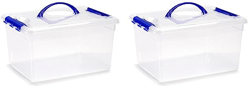 Acan Tradineur - Pack de 2 Cajas de Almacenamiento transparente con asa azul - Fabricado en plástico - Contenedor para almacenar Libros, ropa, mantas - N.º 9-18 x 34 x 27 cm - 12 Litros
