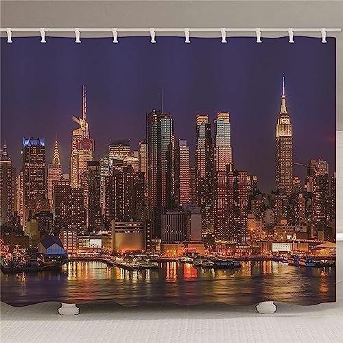 ENFETE Rideau de Douche 3D New York Rideaux de Douche Paysage Nocturne Imperméable Anti Moisissure Rideau Salle de Bain Décor pour Baignoire Rideau Douche 180 x 180 cm, 12 Crochets