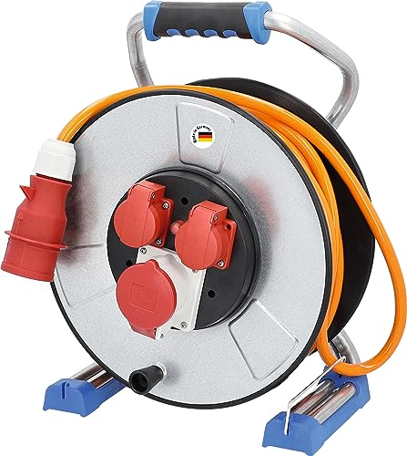 as - Schwabe Xperts Doppelrohr Metallkabeltrommel 30m, Schutzisolierung, 5-pol CEE Stecker 400V, 2 Schutzkontaktsteckdosen, 1 CEE-Steckdose 5-polig, 400V 16A, Klappdeckel, IP44, Made in Germany, 23993