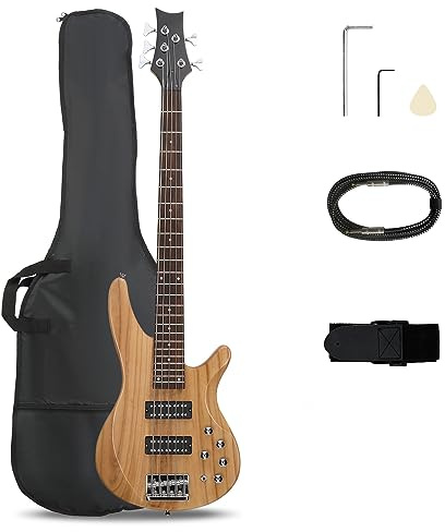 Ktaxon 5 String Electric Bass Guitar, Full Size Standard Right Handed Rosewood Fretboard Bass Kit with Gig Bag Strap Cable Wrench Tool (Upgraded Natural)