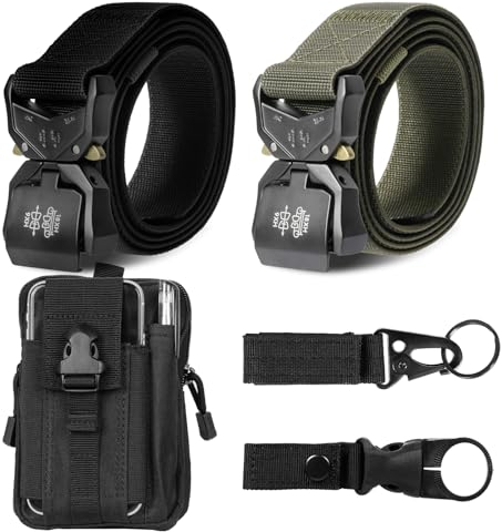 Corpower 2er Herren Taktischer Gürtel + 1Pcs Taktischem Molle-Beutel und Haken, Arbeitsgürtel 3.8cm Breite, Hochleistungsgürtel, Nylon Schnellverschluss-Metallschnalle, Schwarz + Armeegrün