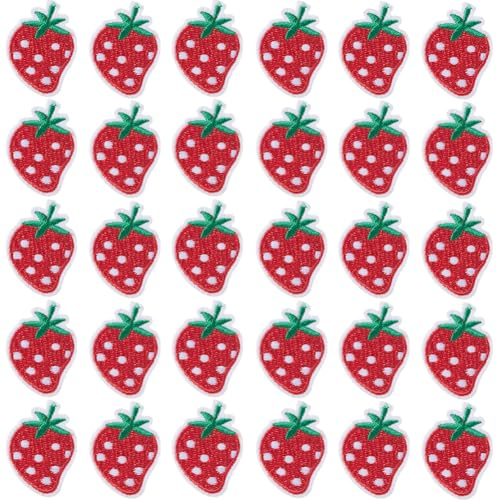 GORGECRAFT 50 Stück Erdbeer-Gestickte Aufnäher Sticktuch Aufbügler Kleine Süße Rote Obst-Applikationen Für Frauen Zum Nähen von DIY-Kleidung Jacken Kleidern Jeans Hüten Rucksäcken