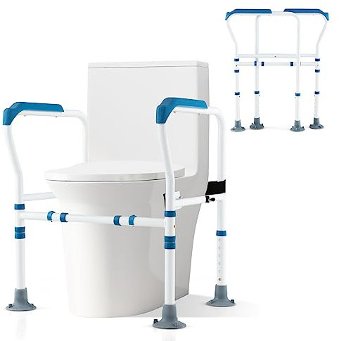 COSTWAY Foldable Toilet Safety Frame, Height & Width Adjustable Toilet Handrail Support Aids with Fixed Strap, Non-Slip Bathroom Toilet Frame Safety Rails Stand for Eldery Handicap Disabled (Blue)
