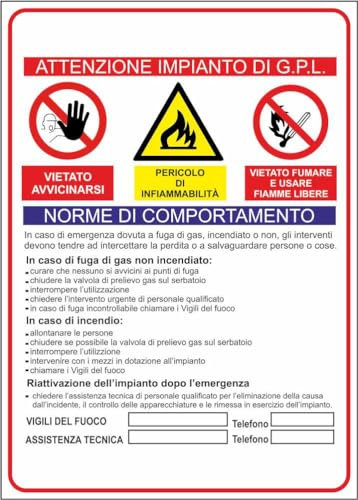 M-ITALY CARTELLO SEGNALETICO - ATTENZIONE IMPIANTO GPL - Adesivo Extra Resistente, Pannello in Forex, Pannello In Alluminio (20x31, Adesivo)