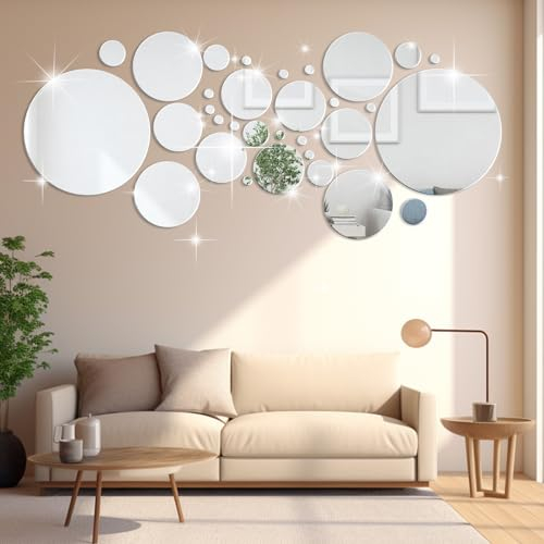 78 Stück 3D Spiegel Wandaufkleber Runde, Kreis Home Acryl Spiegel Aufkleber DIY Deko Wandtattoo Wandsticker Selbstklebend für Zuhause Wohnzimmer Schlafzimmer Korridor Wand Dekoration Wandkunst