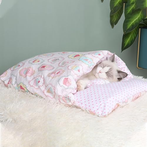 YCYATS Orthopädischer Katzenschlafsack, Die Weiche und Warme Schlafsack Für Katzen, Abnehmbares und Waschbares Katzenkissen, Sicherheitsgefühl-Tierbett (M (Within 3-10 pounds), Cupcake)