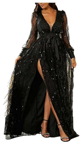 TheSosy Women's Deep V-Neck Sequin Evening Dress Long Sleeve High Split Prom Party Dress Lace Up Glitter Dress Maxi Dresses Shinny Prom Dresses Ball Gown Sexy Evening Gowns Black