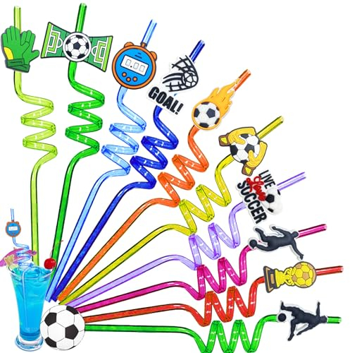 10 Stk Fußball kinder strohhalme, Wiederverwendbare Plastik Strohhalm, Lockige Party Trinkhalme, Fußball Trinkhalme für Kindergeburtstagsparty-Dekoration, Zubehör Familientreffen, Partygeschenke