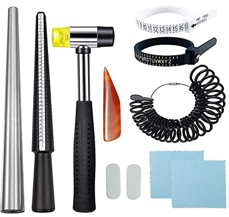 Qarmijaer 11Pcs Ring Sizer Measuring Tool, with Ring Mandrel Circle Jewelers Hammer and Polishing Tools for Jewelry Making Crafts