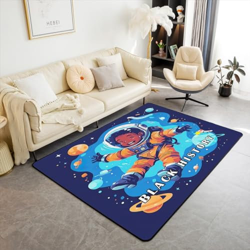 Afro Schwarz History Flächenteppich für Mann Frau,Amerikanischer Schwarzer Junge Teppich,Galaxy Universe Planet Indoor Bodenmatte,Cartoon Astronaut Junge Dekorative Teppich 150Bx200L für Wohnzimmer