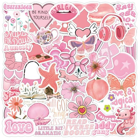 60 Pcs Pink Stickers, Cute Self Adhesive Waterproof Vinyl Stickers for Girls, Aesthetic Graffiti Stickers Scrapbook Motivational Stickers, Girl Bedroom Wardrobe Skateboard Phone Luggage DIY Decal