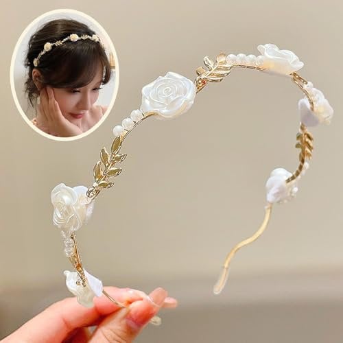 Bride Headband White Rose Hair Bands, Gold Bridal Wedding Elastic Padded Pearl Headbands, Bridesmaid Elegant Tiara, Thin Non-slip Hairband Hair Accessories for Women & Girls