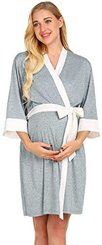 Chemise de nuit de maternité pour femme - Col en V - Manches 3/4 - Coton - Pyjama de grossesse - Chemise de nuit pour femme enceinte - Chemise d'allaitement courte - Robe élégante, gris, XXL