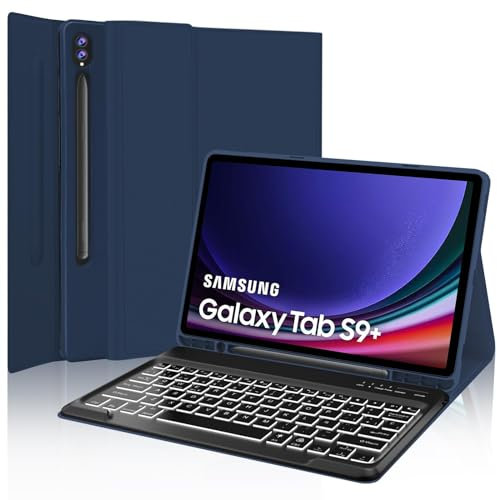 Teclado Samsung Galaxy Tab S9 Plus 12.4 2023, Funda Teclado España Ñ Retroiluminado Bluetooth, Compatible con SM-X810/X816B/X818U, Azul Oscuro