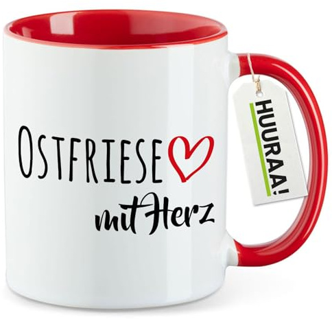 Huuraa Kaffeetasse Ostfriese mit Herz Geschenk | Motivtasse 330ml Rot Keramik Tasse mit Spruch Kaffeebecher Geschenkidee Becher mit Motiv