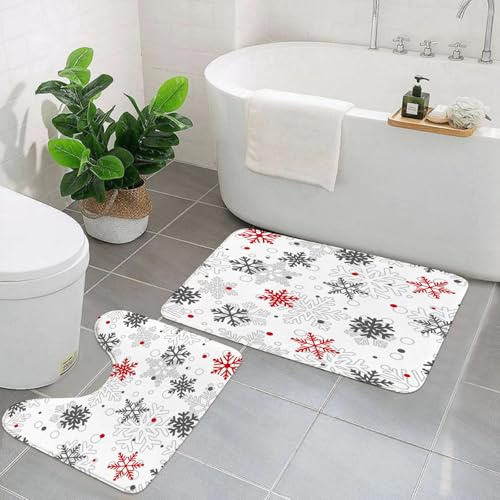 EYLOZS Badezimmerteppich Set 2 Teilig Waschbar rutschfeste Badematte Toilettenmatte Weich Saugfähige Badteppiche,Große und kleine Schneeflocken Weihnachten