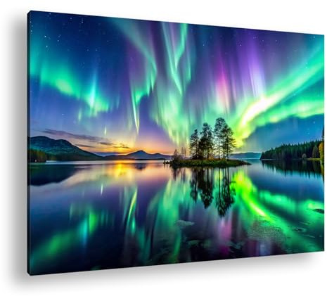 Leinwandbild Farbenprächtige Nordlichter tanzen über einem ruhigen See. Format: 70x50 cm XXL Kunstdruck Bild auf Keilrahmen/Wandbild/Wohnzimmer Deko