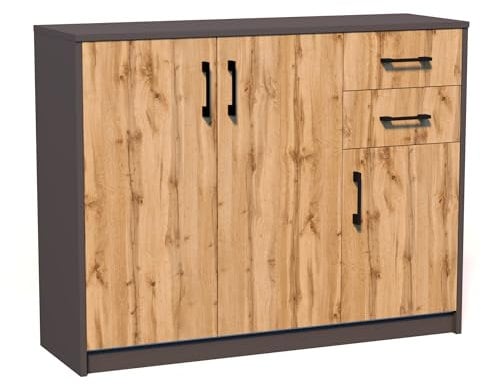 Kommode mit 2 Schubladen und 3 Türen in matter Ausführung, Kommode 110cm breit mit hochwertigen Polymergriffen Holz Schrank Kommode mit Schubladen - Aus laminierter Platte gefertigt graphit Eiche