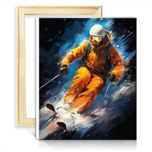 TANGFEIY Ölgemälde-Set auf Leinwand, Skifahrer, für Erwachsene und Anfänger, Ölgemälde-Set auf Leinwand mit Pinseln und Acrylpigmenten für Kunsthandwerk im kreativen Stil, ohne Rahmen (30 x 40 cm)