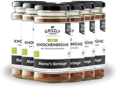 Grizzly Foods • BIO Rinderknochenbrühe (6 x 240ml) • 12g Kollagen pro Glas • 72 Stunden lang gekocht • 100% natürlich • Ohne Zucker, ohne Zusätze • Wertvolle Nährstoffe • Bone Broth • Knochenbrühe