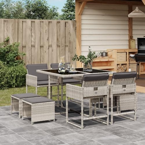 Iiaky 9-TLG. Garten-Essgruppe mit Kissen GartenmöBel Set Garten Sitzgruppe Balkon MöBel Set Hellgrau Poly Rattan