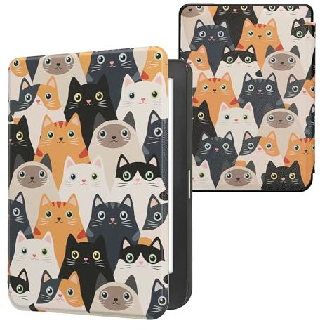 kwmobile Custodia eReader Compatibile con Kobo Clara HD Cover - eBook Reader Flip Case - arancione/nero/bianco - Gatti