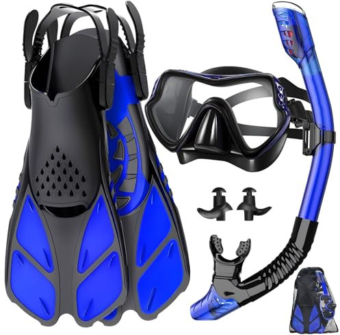 Schnorchelset Schnorcheln Set mit Schnorchel und Taucherbrille, 4 in 1 Schnorchelausrüstung mit Tauchmaske Anti-Fog-Anti-Leak, trockener Schnorchel, verstellbare Flipper (Blau, S/M)