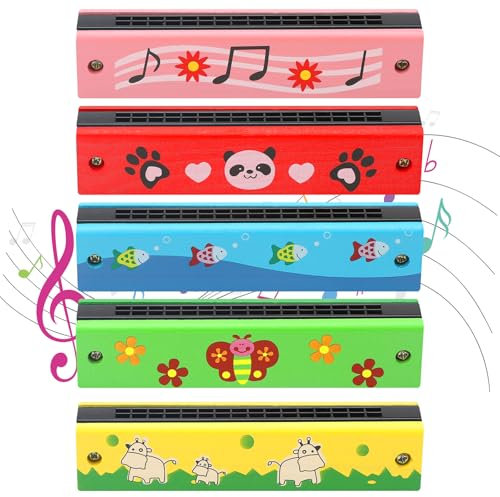 ZMDMAH 5pcs Mundharmonika Kinder, 16-Hole Harmonika, Holz Harmonica, Mundharmonika für Erwachsene, Mundharmonikas Niedliche Muster, Geeignet für AnfäNger、Erwachsene und Kinder