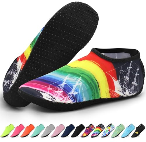 KATKLIU Water Socks – Non-Slip Diving Sock with Grippy Sole – Lightweight Quick Dry Swimming Socks for Men Women – Beach & Surfing Gear for Pool, Yoga, Indoor & Outdoor Sport-Rainbow Sailboat-40-41