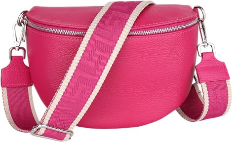 MIRROSI Damen Bauchtasche aus Echtleder, Made in Italy. Als Umhängetasche, Brust- oder Schultertasche tragbar, 26x20x8 cm, Reißverschlussfach hinten. (Pink: Uni)