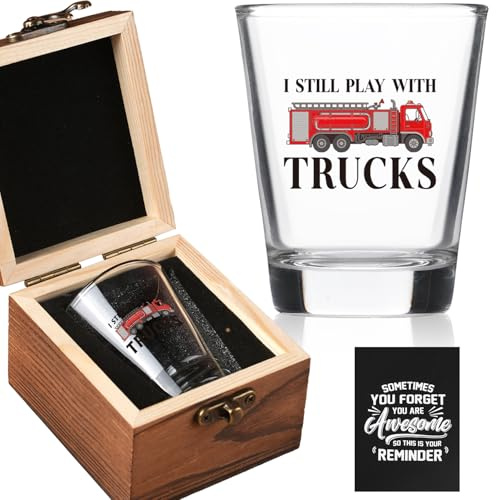 Ithmahco Christmas Gifts for Firefighter - I Still Play With Trucks Shot Glass with Wooden Box - Holiday Gift From Family, Friends, Co-workers, Funny Gift for Firefighter
