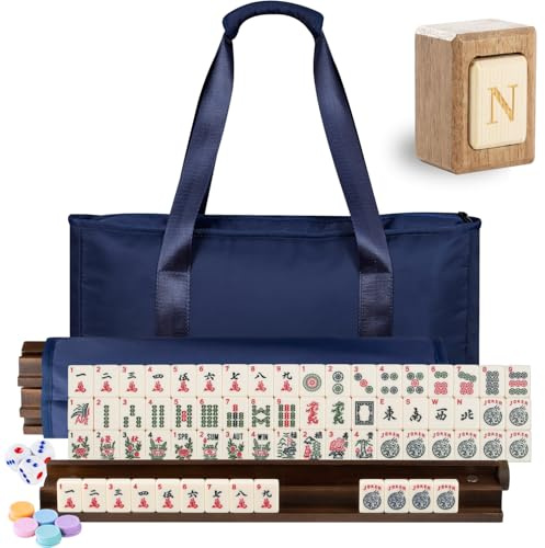 MUTEX American Mahjong Game Set, 166 Premium Mahjong Tile Set with Traveler Size Stylish Blue Carrying Bag, Western Mahjong Set with 4-Piece Walnut Wood Mahjong Racks/Pushers, Mahjong Ma Jong Set