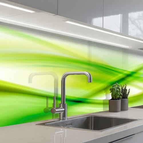 KitchenYeah© Rückwand Küche Rückwandschutz Selbstklebend Spritzschutz | 60x250 cm - Küchenrückwand Küchenfront Küchen Selbstklebende Küchenrückwände Wellen - Grün - Abstrakt