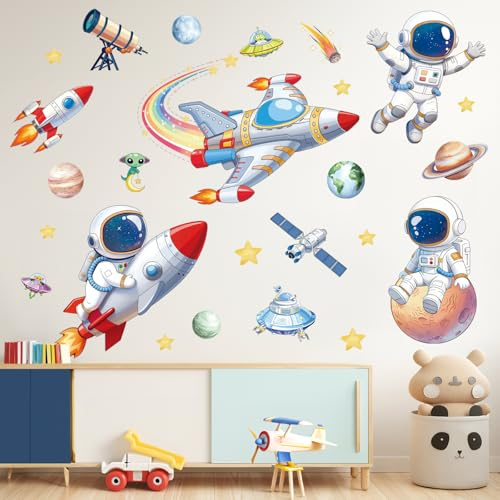 SHUCHING Wandtattoo Rakete Astronaut für Kinderzimmer | Wandsticker Weltraum Planeten, Selbstklebende Wandaufkleber für Kinder Jungenzimmer Spielzimmer Babyzimmer