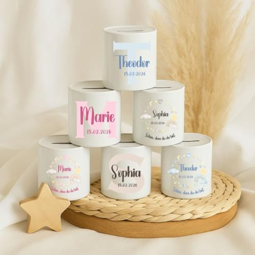 Personalisierte Spardose Keramik mit Namen und Geburtsdatum fuer Kinder individuelle Geldbox mit Initiale Geschenk zur Geburt Taufe Geburtstag Einschulung Kinderzimmer Deko hochwertig