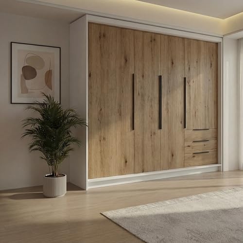 A&J MöbelLand KLARI Kleiderschrank 4-türig mit 3 Schubladen – 200 x 215 cm – Drehtürenschrank mit Kleiderstange und Einlegeböden
