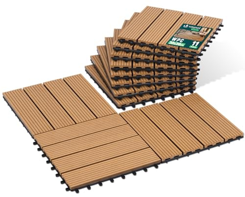 VOUNOT® 11 Stück WPC Terrassenfliesen 30x30 cm, Klickfliesen Outdoor Fliesen Balkonfliesen wetterfest mit Drainagefunktion, Bodenbelag rutschfest & zuschneidbar für Balkon & Terrasse, Holzoptik