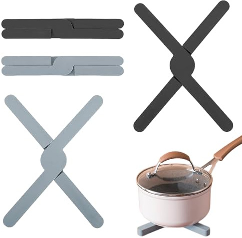 4 Pack Folding Silicone Trivet, Non Slip Heat Resistant Kitchen Pot Holder, Folding Pot Stand, for Hot Pans Cup Dishes Plates(Gray, Black)