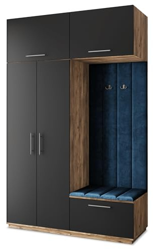 Masseno Flugarderoben Set Rema, Kleiderschrank-Set mit Sitzbank, Garderobenschrank Flur mit 5 Regalböden, Eiche Lefkas/Schwarz