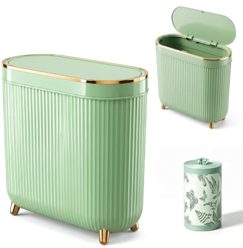 Bathroom Bin with Lid Green - 12L/3.2 Gallon Slim Bedroom Bin Trash Can | Kitchen Plastic Bin with Garbage Bags Waterproof Trash Can for Small Spaces, Bedroom, Kitchen, Office