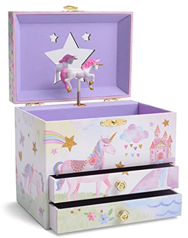 Jewelkeeper Carillon Portagioie Bambina - Porta Gioie con Unicorno, Specchio Stella, 2 Cassetti - Design con Paillettes, Dettagli Incantevoli per Conservare Gioielli e Ricordi