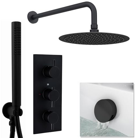 ENKI SH0460 Venice Contemporary Round Concealed Thermostatic Shower Set Incl. Triple Diverter Valve, Wall Fixed 8 Shower Head, Handshower Kit, Bath Filler Waste with Overflow - Matte Black (3 Outlet)