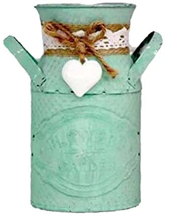 Hoothy Vintage Blumenvase, Herz Milchkanne Eisen Blumentopf, Shabby Deko Landhausstil Vase, Metallvase Metallkrug, für Balkon Wohnzimmer Tischdeko, Heim/Gartendekoration (Grün)
