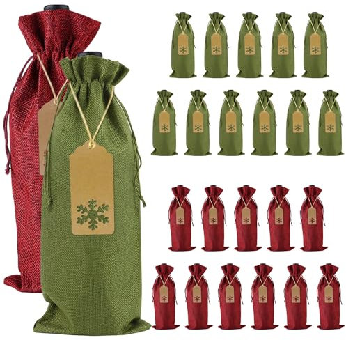 PIXHOTUL Bolsas de Regalo de arpillera para Vino, Fundas para Botellas de Vino con cordón de Yute con Etiquetas y Cuerdas para Navidad, Fiestas navideñas