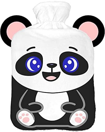 Wärmflasche mit Pullover Bezug 2 Liter Bettflasche mit schönen Fleece-Druck Bezug Gummi Wärmflasche mit Deckel Weiß Panda mit Blauen Augen [092]